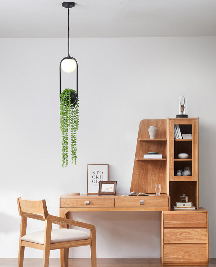 Modern Oval Metal Hanging Lamp White Glass Globe Shade 1 Light Pendant Light with Green Plant