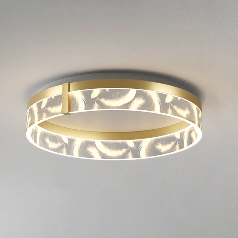 Circular Acrylic Feather LED Flush Mount in Modern Romantic Style Wrought Iron Ceiling Light for Dining Room