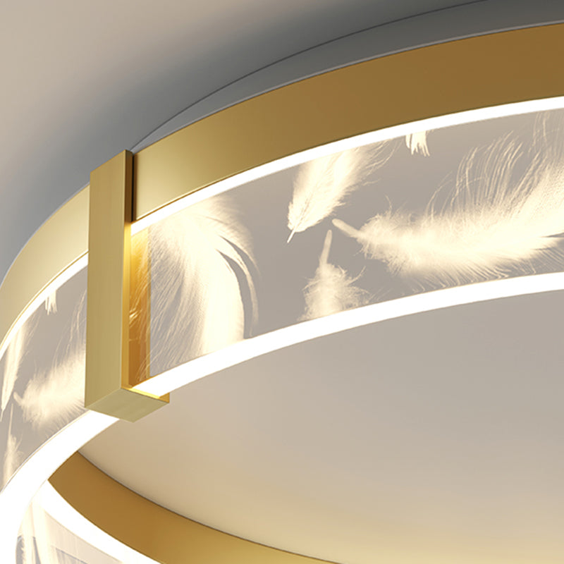 Circular Acrylic Feather LED Flush Mount in Modern Romantic Style Wrought Iron Ceiling Light for Dining Room