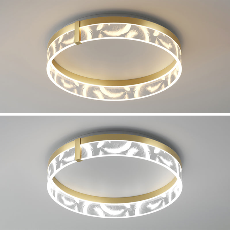 Circular Acrylic Feather LED Flush Mount in Modern Romantic Style Wrought Iron Ceiling Light for Dining Room