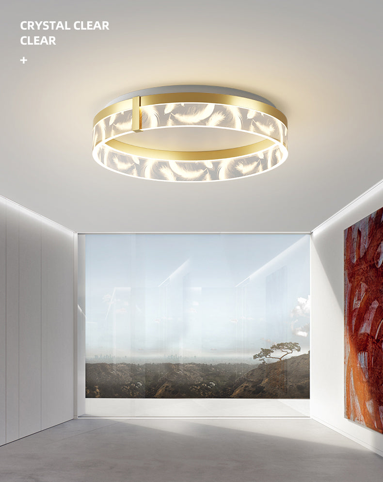 Circular Acrylic Feather LED Flush Mount in Modern Romantic Style Wrought Iron Ceiling Light for Dining Room