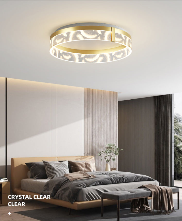 Circular Acrylic Feather LED Flush Mount in Modern Romantic Style Wrought Iron Ceiling Light for Dining Room