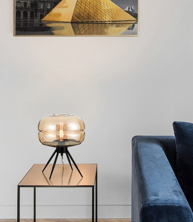 11.5" Wide Drum Glass Table Lamp Nordic Simplicity Style Nightstand Light with Black Metal Tripod Base