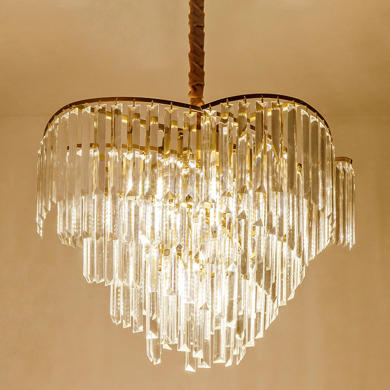 Spiral Hanging Light Postmodern Tri-Sided Clear Crystal Rod 5 Heads Gold Pendant Chandelier