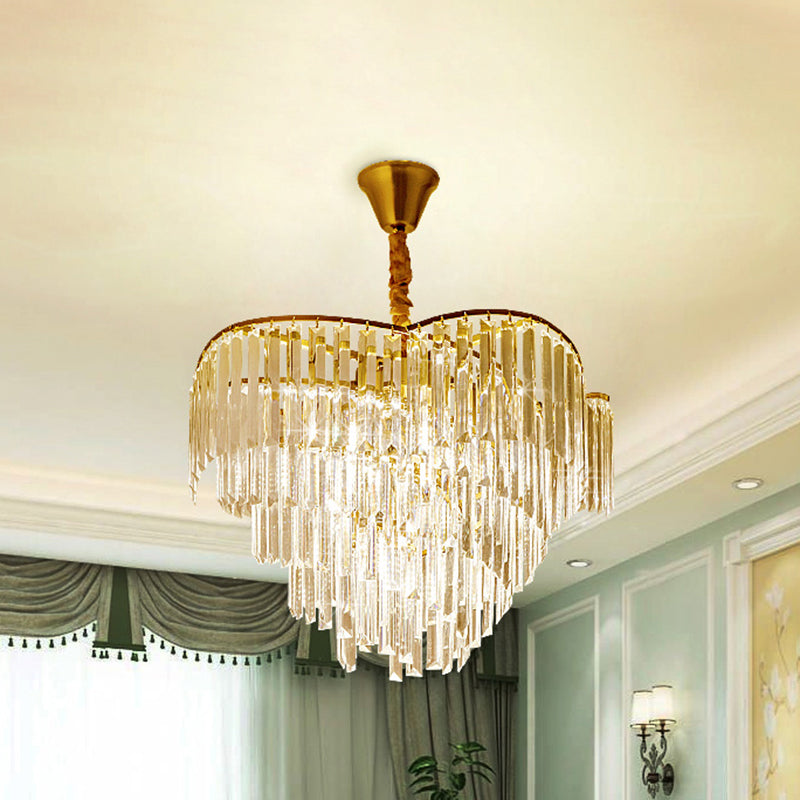 Spiral Hanging Light Postmodern Tri-Sided Clear Crystal Rod 5 Heads Gold Pendant Chandelier