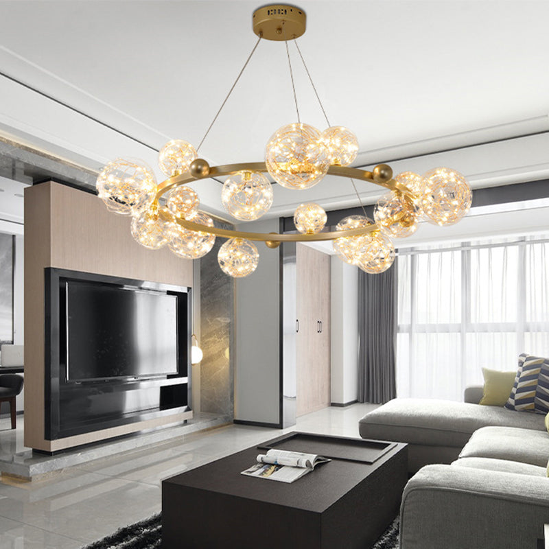 Transparant glas bol LED -licht snaren kroonluchter ronde metalen lamp body moderne stijl eenvoud verlichtingsarmatuur