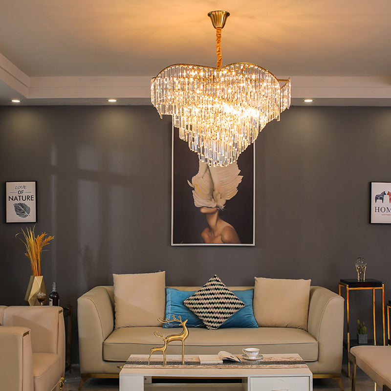 Spiral Hanging Light Postmodern Tri-Sided Clear Crystal Rod 5 Heads Gold Pendant Chandelier