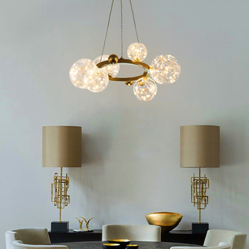 Transparant glas bol LED -licht snaren kroonluchter ronde metalen lamp body moderne stijl eenvoud verlichtingsarmatuur