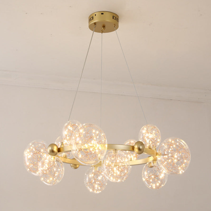 Transparant glas bol LED -licht snaren kroonluchter ronde metalen lamp body moderne stijl eenvoud verlichtingsarmatuur