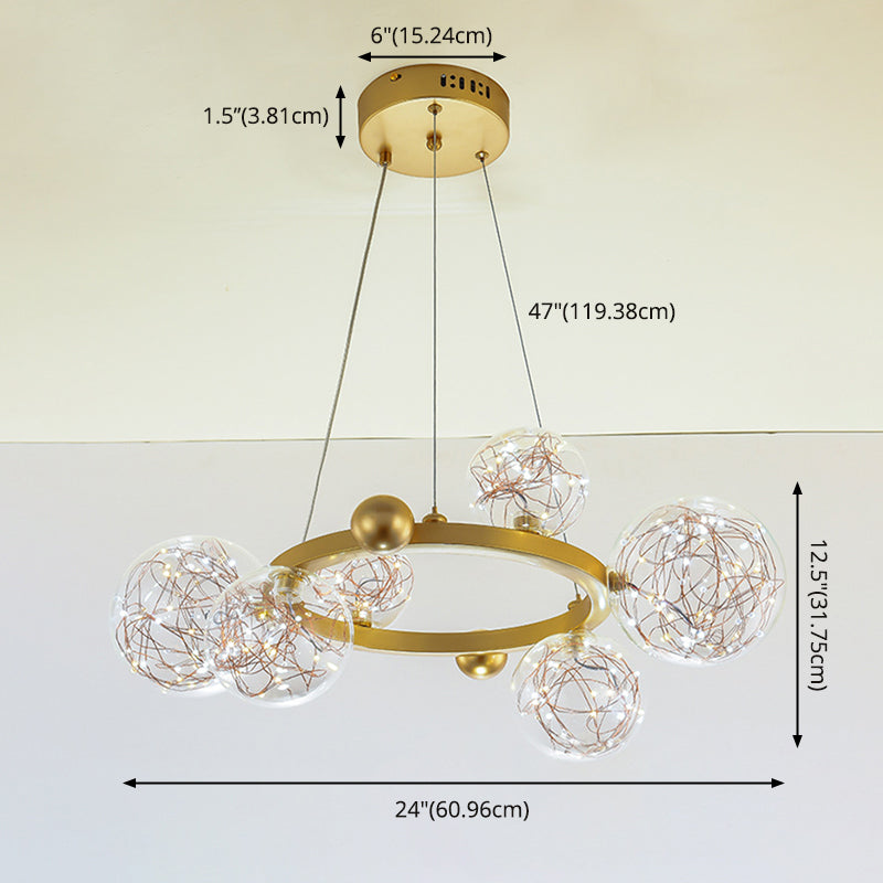 Transparant glas bol LED -licht snaren kroonluchter ronde metalen lamp body moderne stijl eenvoud verlichtingsarmatuur