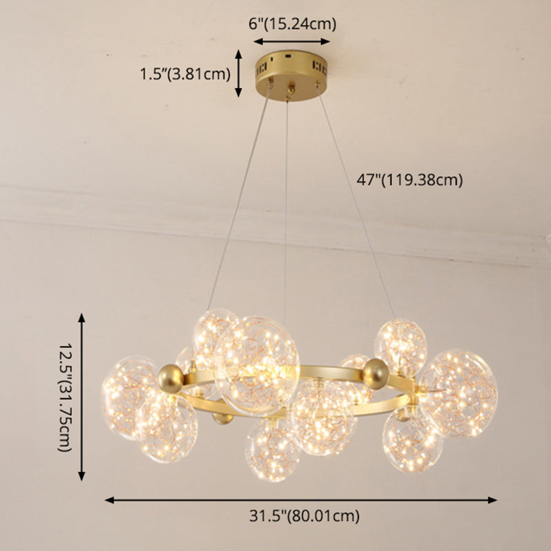 Transparant glas bol LED -licht snaren kroonluchter ronde metalen lamp body moderne stijl eenvoud verlichtingsarmatuur