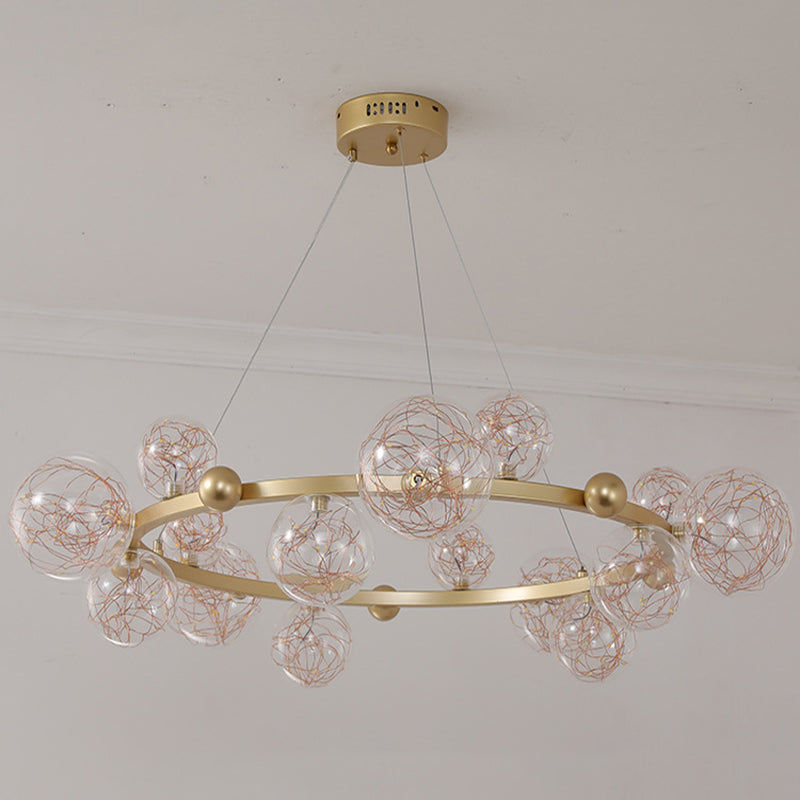 Transparant glas bol LED -licht snaren kroonluchter ronde metalen lamp body moderne stijl eenvoud verlichtingsarmatuur