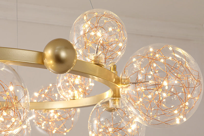 Transparant glas bol LED -licht snaren kroonluchter ronde metalen lamp body moderne stijl eenvoud verlichtingsarmatuur