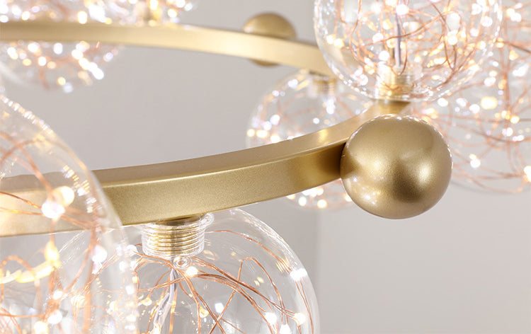 Transparant glas bol LED -licht snaren kroonluchter ronde metalen lamp body moderne stijl eenvoud verlichtingsarmatuur