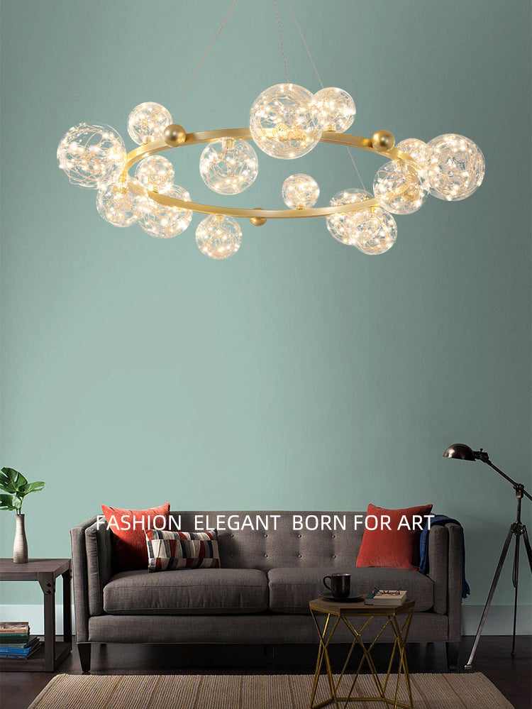 Transparant glas bol LED -licht snaren kroonluchter ronde metalen lamp body moderne stijl eenvoud verlichtingsarmatuur