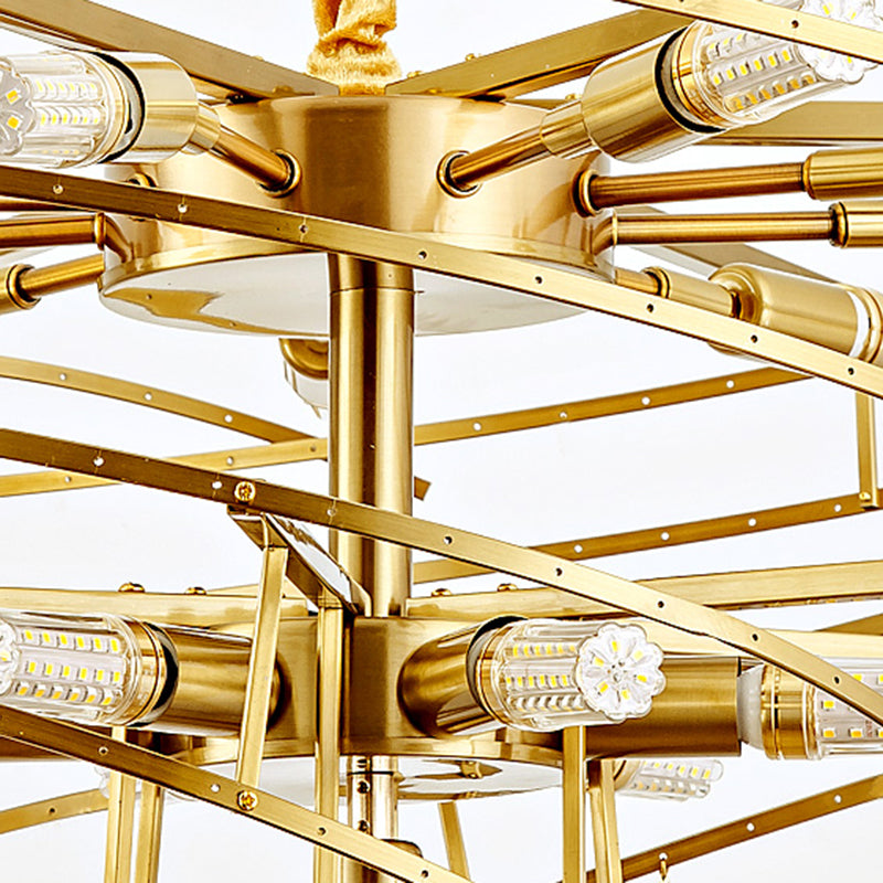 Spiral Hanging Light Postmodern Tri-Sided Clear Crystal Rod 5 Heads Gold Pendant Chandelier