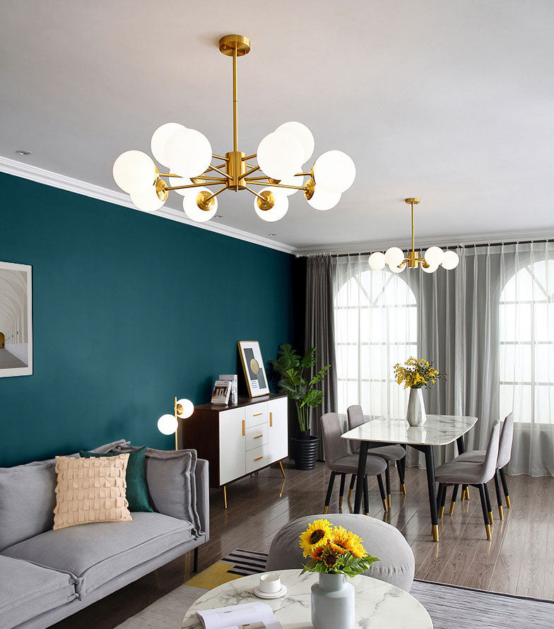 Lámpara de lámpara de araña de vidrio blanco de leche colgante de iluminación de latón contemporáneo para comedor