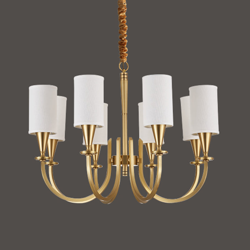 American Rustic Style Copper Criplelier Multi-Lights Cylindrical Fabric Shade Hanging Light in Gold