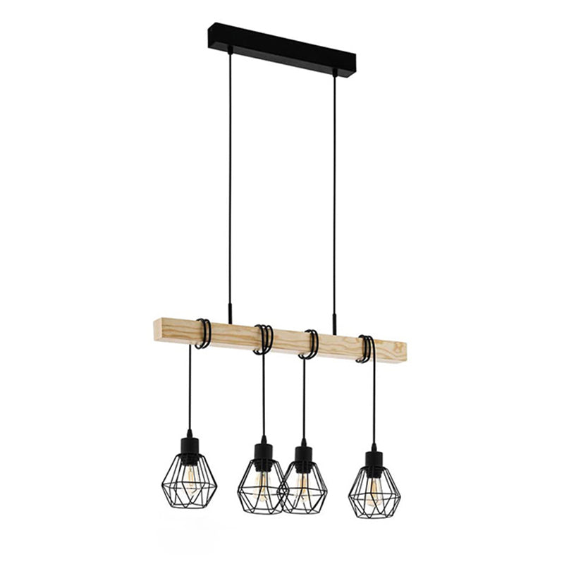 Black Iron Cage Shade Island Light Retro Industrial Style Wooden Hanging Light for Coffee Shop Bar