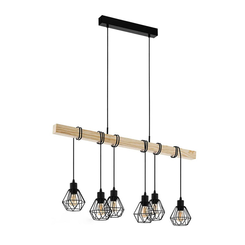 Black Iron Cage Shade Island Light Retro Industrial Style Wooden Hanging Light for Coffee Shop Bar