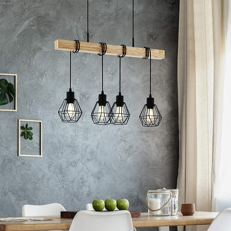 Black Iron Cage Shade Island Light Retro Industrial Style Wooden Hanging Light for Coffee Shop Bar