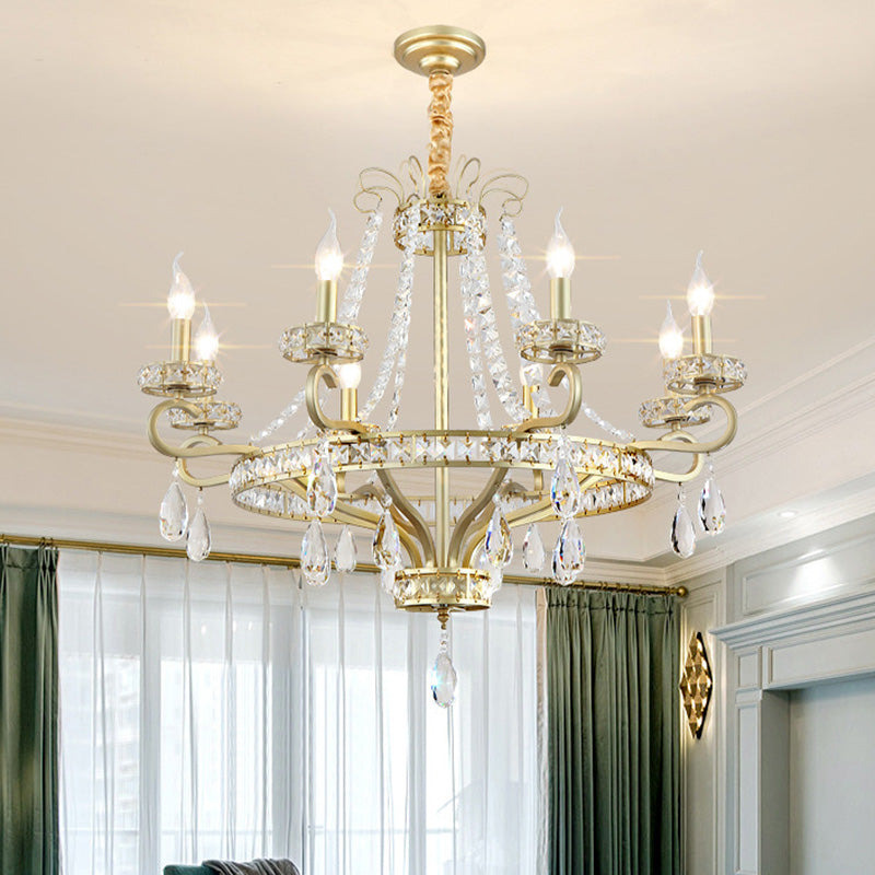 Gold Candle Chandelier Light Fixture Traditional Crystal Drop 5/8 Lights Living Room Hanging Lamp Kit