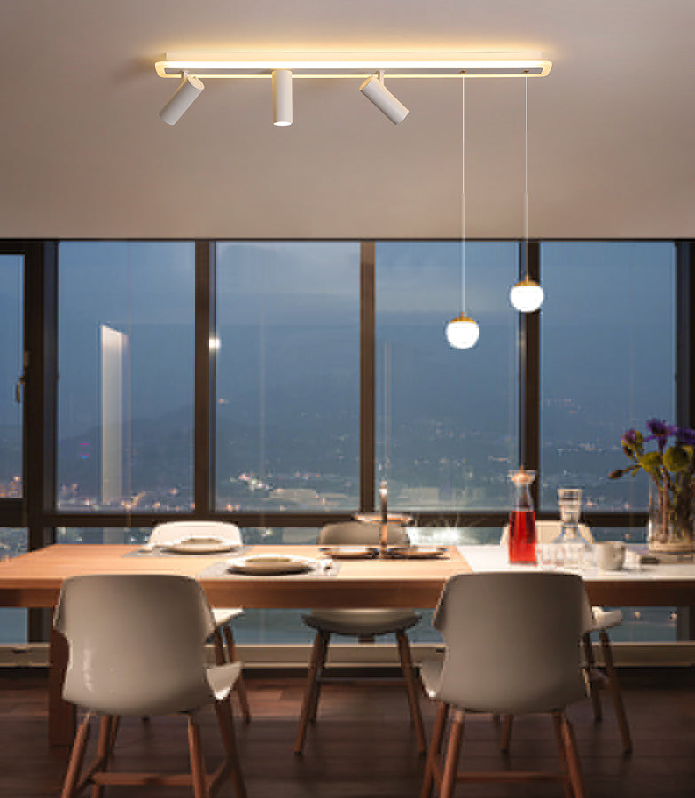 White Simplicity Long Strip LED Island Light Orb Mini Pendant Light + Spotlight Design Dining Room Creative Lighting Fixture