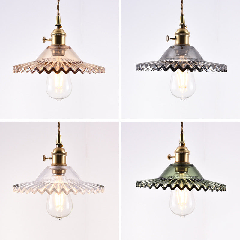 Scalloped Glass Shade Hanging Ceiling Light Vintage Industrial 1-Light Living Room Drop Pendant