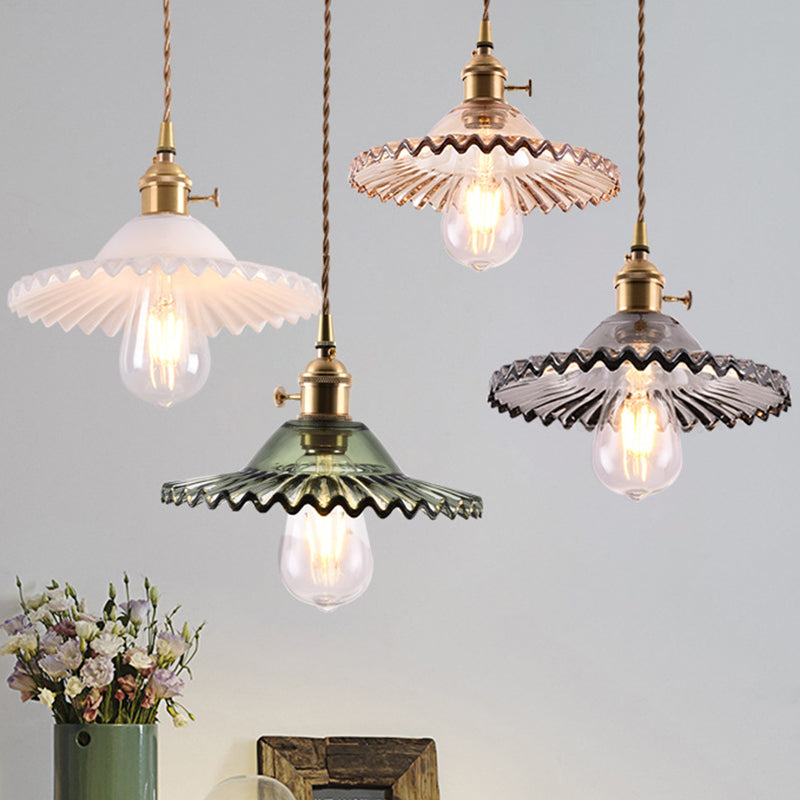 Scalloped Glass Shade Hanging Ceiling Light Vintage Industrial 1-Light Living Room Drop Pendant