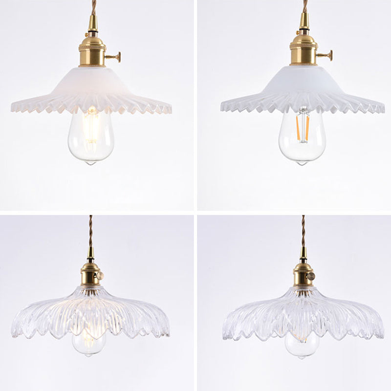 Scalloped Glass Shade Hanging Ceiling Light Vintage Industrial 1-Light Living Room Drop Pendant