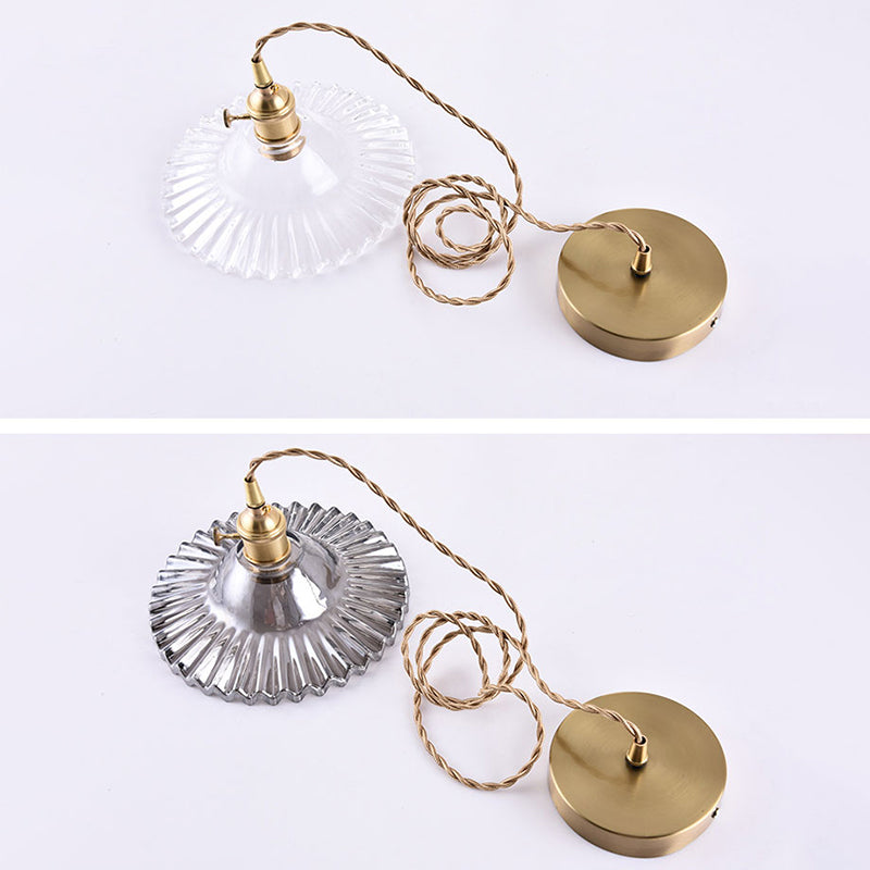 Scalloped Glass Shade Hanging Ceiling Light Vintage Industrial 1-Light Living Room Drop Pendant