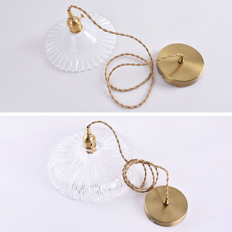 Scalloped Glass Shade Hanging Ceiling Light Vintage Industrial 1-Light Living Room Drop Pendant