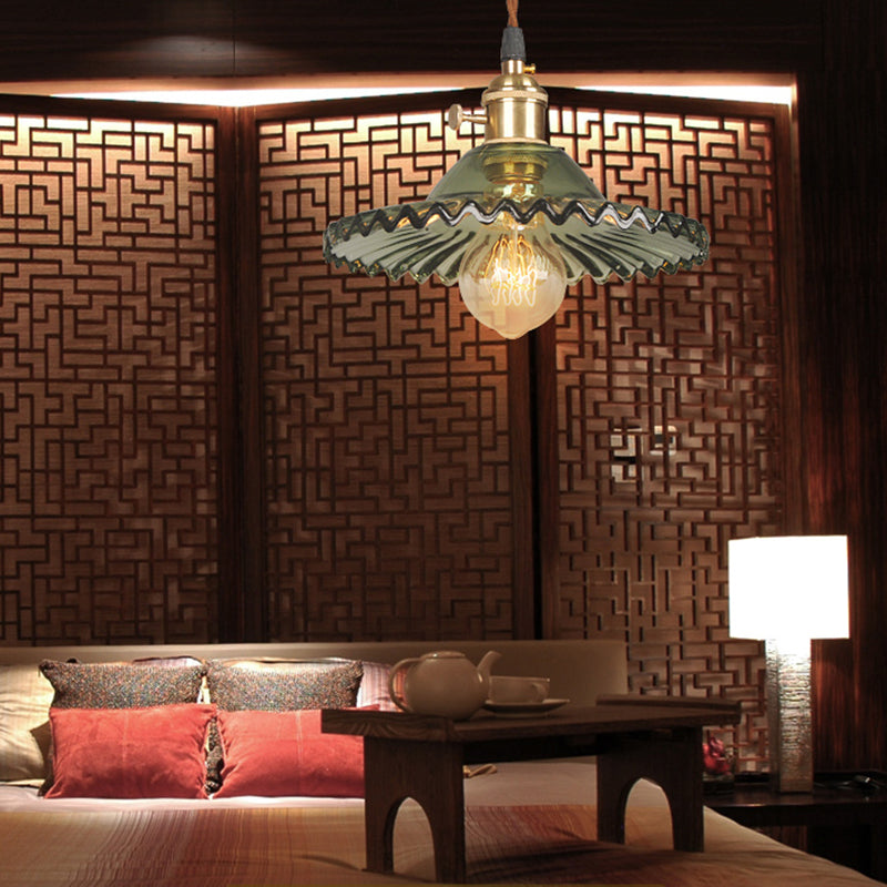 Scalloped Glass Shade Hanging Ceiling Light Vintage Industrial 1-Light Living Room Drop Pendant