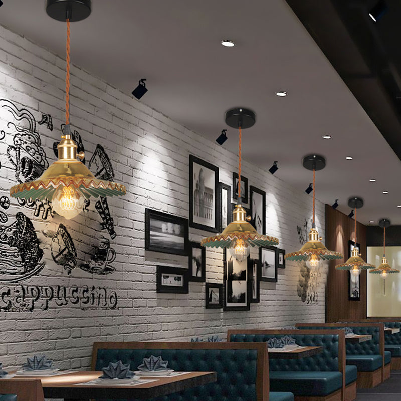 Scalloped Glass Shade Hanging Ceiling Light Vintage Industrial 1-Light Living Room Drop Pendant