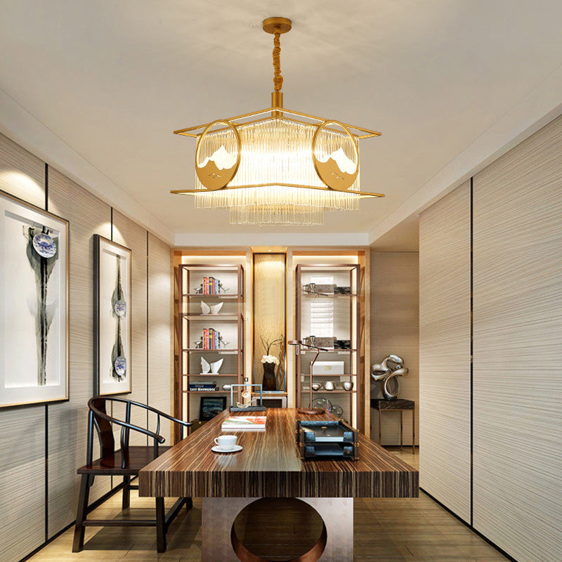 Postmoderne 8 Lichter Decke Anhänger Gold Square/Runde Kronleuchterlampe mit Kristallstab Farbton