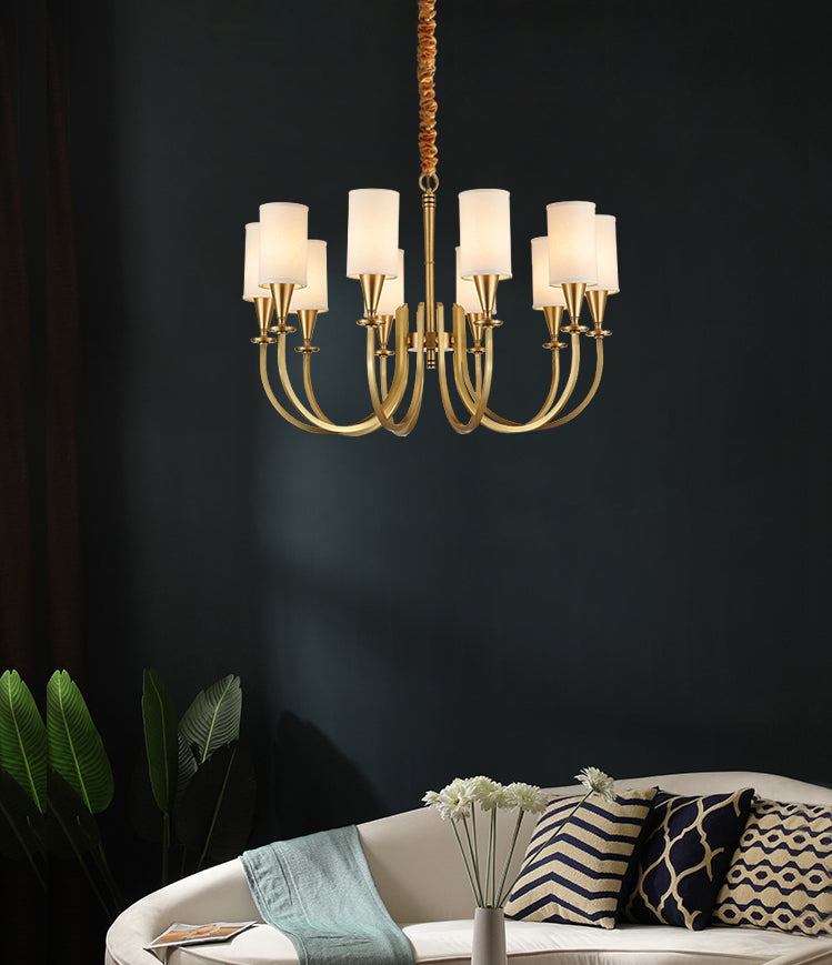 American Rustic Style Copper Chandelier Multi-lights Cylindrical Fabric Shade Hanging Light in Gold