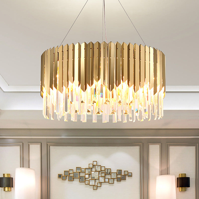 Tri-Sided Crystal Rod Drum Hanging Light Postmodern 6 Heads Gold Chandelier Pendant Light