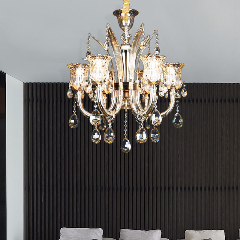 Bell Living Room Chandelier Lamp Traditional Crystal Drop 6/8 Lights Chrome Hanging Ceiling Light