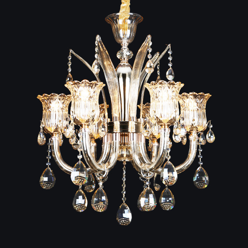 Bell Living Room Chandelier Lamp Traditional Crystal Drop 6/8 Lights Chrome Hanging Ceiling Light