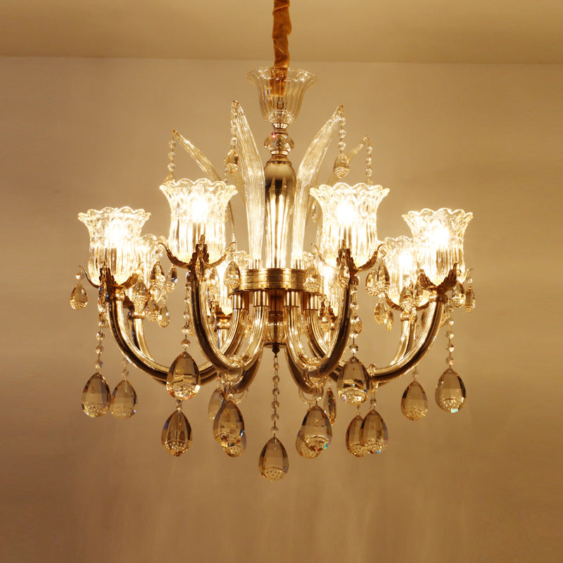 Bell Living Room Chandelier Lamp Traditional Crystal Drop 6/8 Lights Chrome Hanging Ceiling Light