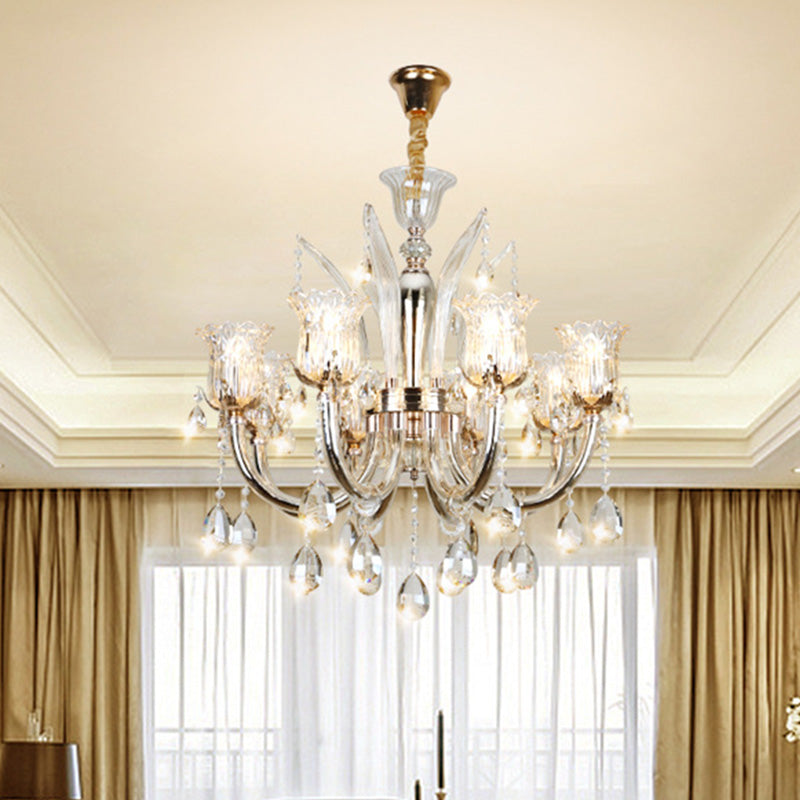 Bell Living Room Chandelier Lamp Traditional Crystal Drop 6/8 Lights Chrome Hanging Ceiling Light