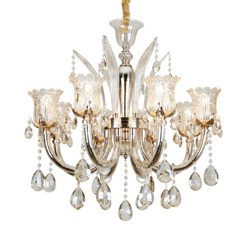 Bell Living Room Chandelier Lamp Traditional Crystal Drop 6/8 Lights Chrome Hanging Ceiling Light