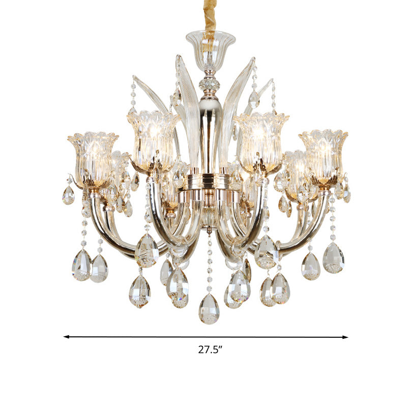 Bell Living Room Chandelier Lamp Traditional Crystal Drop 6/8 Lights Chrome Hanging Ceiling Light
