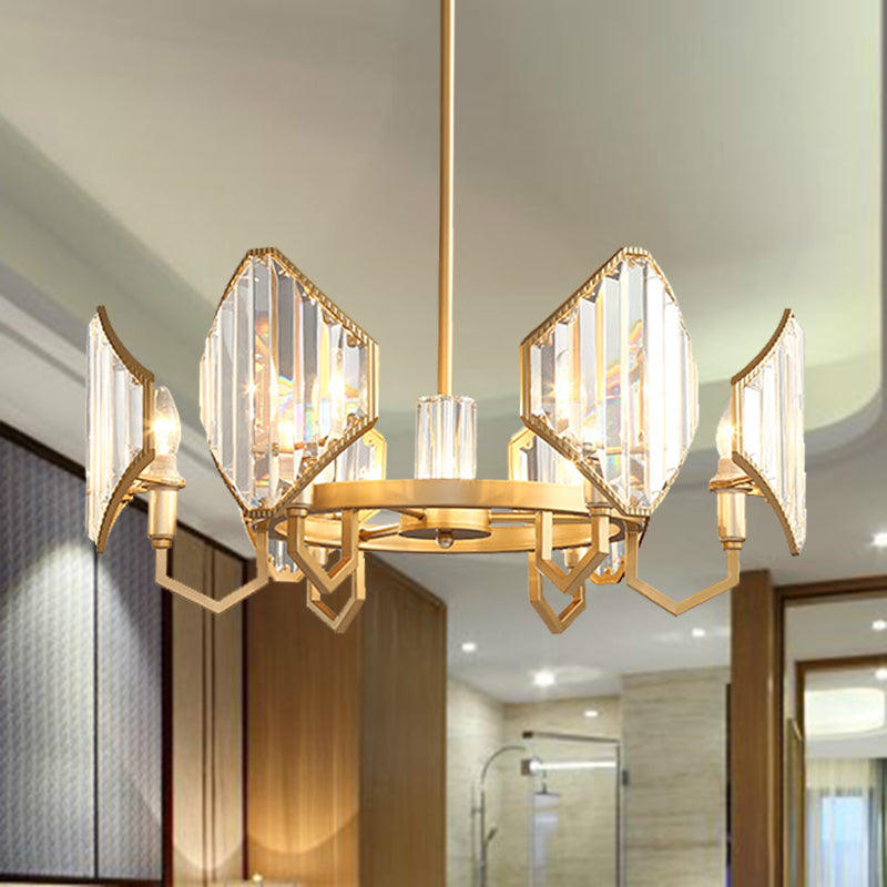 Gold Candle Hanging Pendant Light Postmodern 6/8 Lights Rectangle-Cut Crystal Chandelier Light