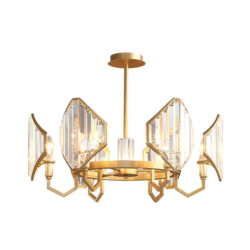 Gold Candle Hanging Pendant Light Postmodern 6/8 Lights Rectangle-Cut Crystal Chandelier Light