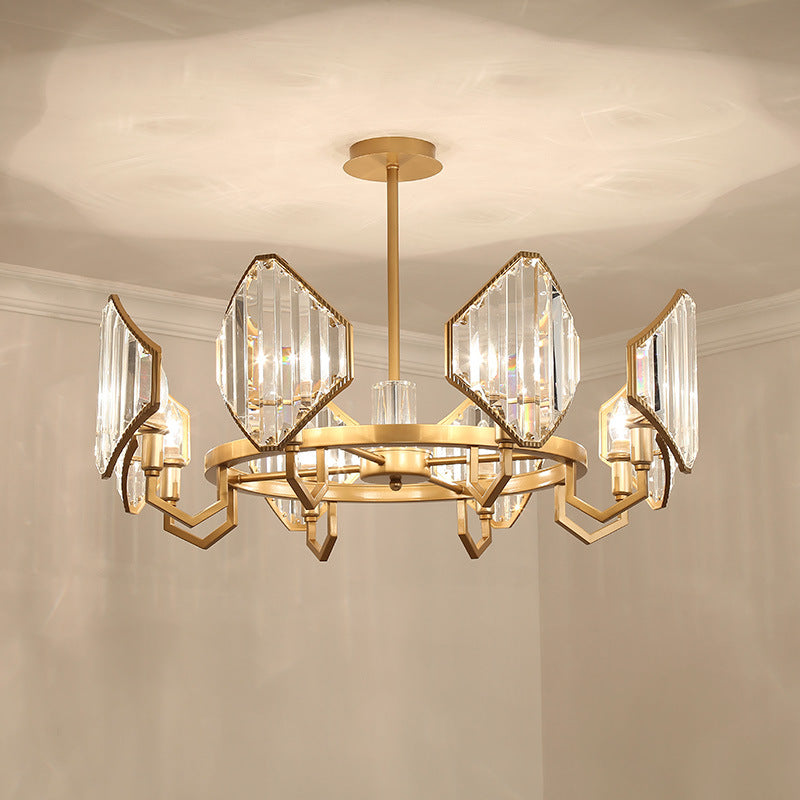 Gold Candle Hanging Pendant Light Postmodern 6/8 Lights Rectangle-Cut Crystal Chandelier Light