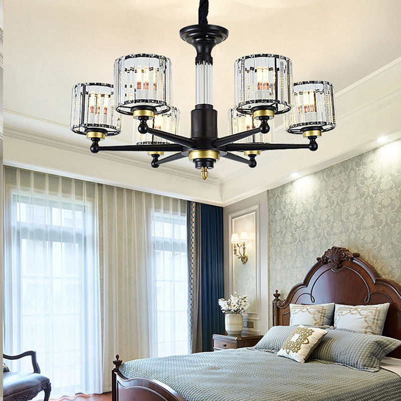 Cylindre Hanging Light Aymator modern rectangle-cut Crystal 6/8 têtes Plafond noir lustre