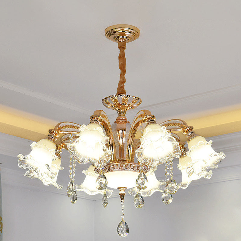 Flower Clear Glass Suspension Light Traditional 8 Heads Living Room Chandelier Lighting in Gold