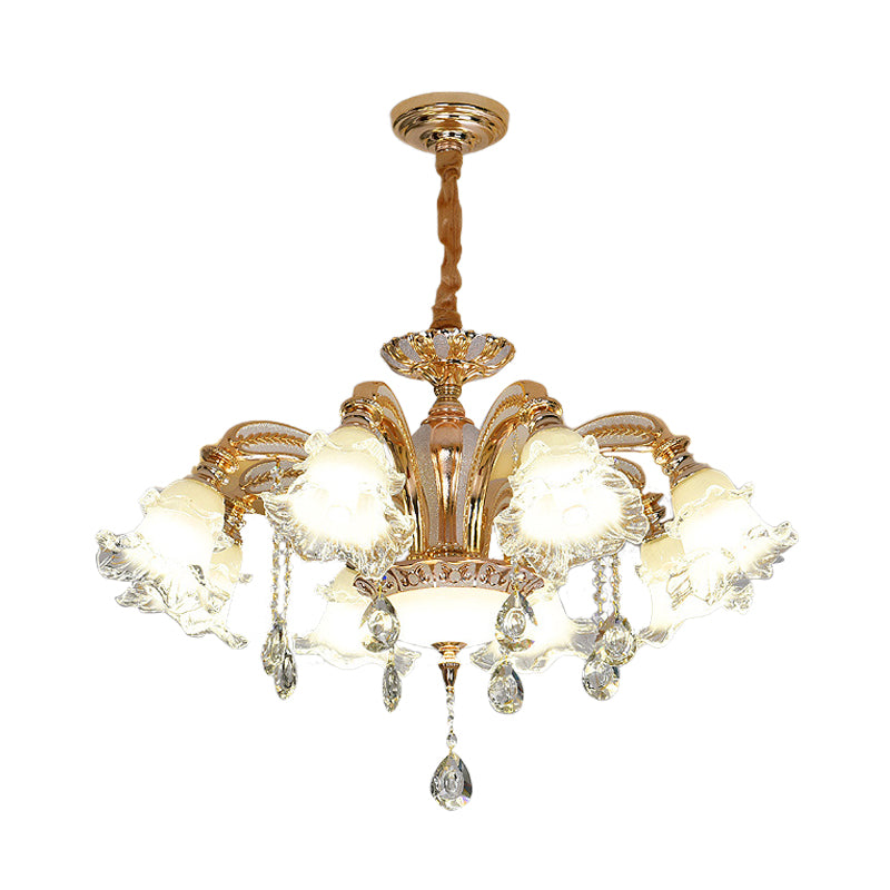 Flower Clear Glass Suspension Light Traditional 8 Heads Living Room Chandelier Lighting in Gold