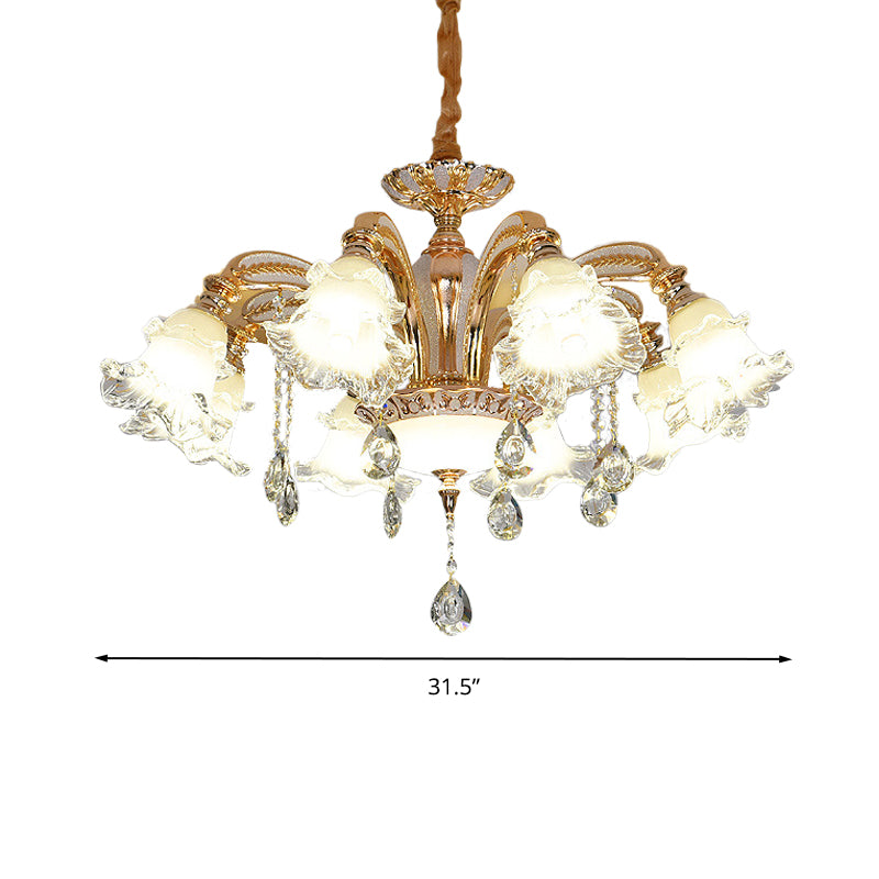 Flower Clear Glass Suspension Light Traditional 8 Heads Living Room Chandelier Lighting in Gold